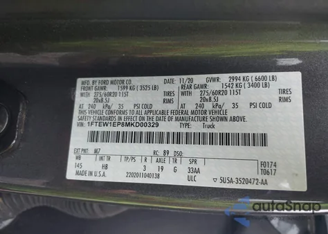 2021 Ford F-150 Lariat z USA, uszkodzony, nr VIN 1FTEW1EP8MKD00329